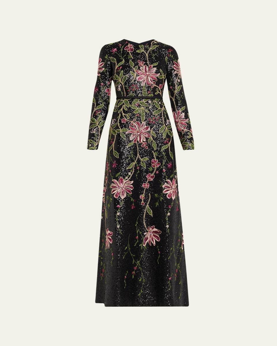Floral Sequined Long-Sleeve A-Line Gown